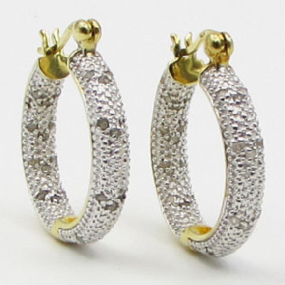 18K GOLD & 925 SILVER -50ctw Genuine Diamonds Hoop - Picture 1 of 4